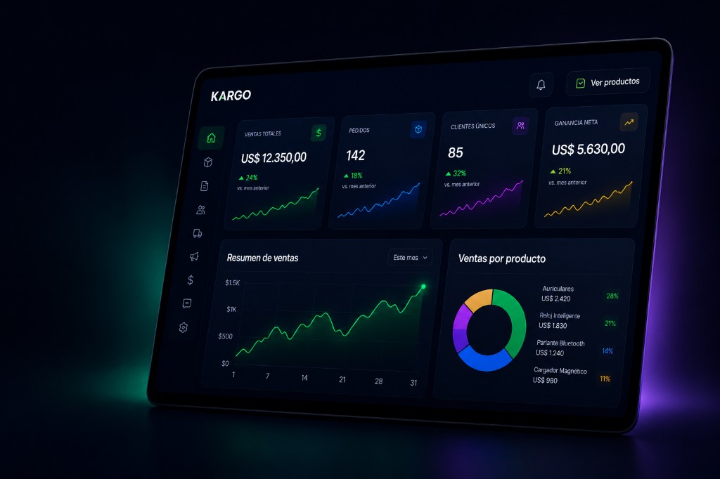Panel de Kargo — métricas, ventas y pedidos